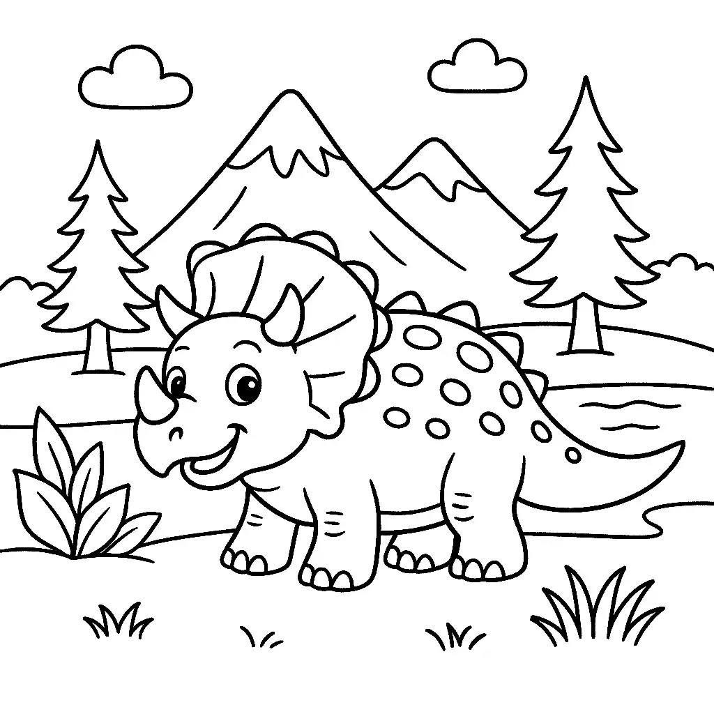 Pobierz PDF triceratops nad prehistoryczna rzeka darmowa kolorowanka do druku