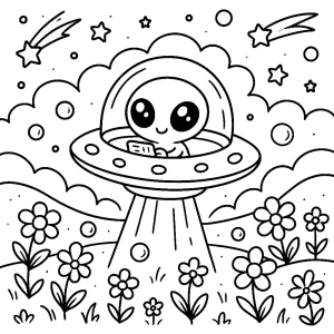Kolorowanka do druku – Urocze UFO nad kwiecistą łąką (PDF)