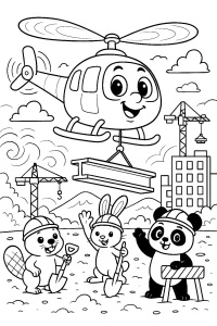 Kolorowanka do druku – Uśmiechnięty helikopter budowlany na placu budowy (PDF)