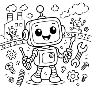 Uśmiechnięty robot w fabryce Kolorowanka do druku – Uśmiechnięty robot w fabryce (PDF)
