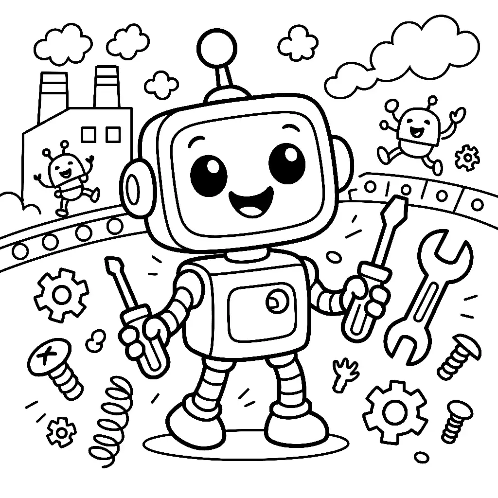 Pobierz PDF usmiechniety robot w fabryce darmowa kolorowanka do druku