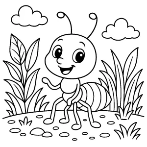 Kolorowanka do druku - Wesoła mrówka na polance (PDF)