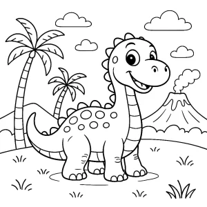 Pobierz PDF wesoly dinozaur na tle wulkanu darmowa kolorowanka do druku