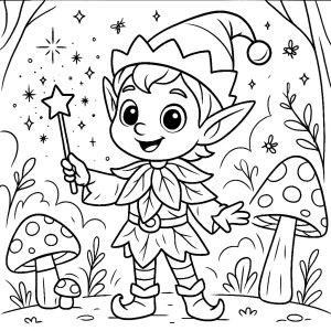 Kolorowanka do druku – Wesoły elf z magiczną różdżką w zaczarowanym lesie (PDF)