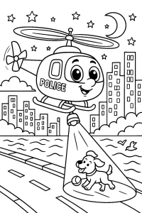 Kolorowanka do druku – Wesoły helikopter policyjny patroluje nocne miasto (PDF)