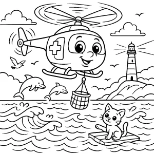 Kolorowanka do druku – Wesoły helikopter ratunkowy nad wzburzonym morzem (PDF)