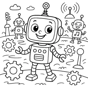 Pobierz PDF wesoly robot na placu zabaw maszyn darmowa kolorowanka do druku
