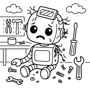 Pobierz PDF zepsuty robot z drucikami i srubkami darmowa kolorowanka do druku