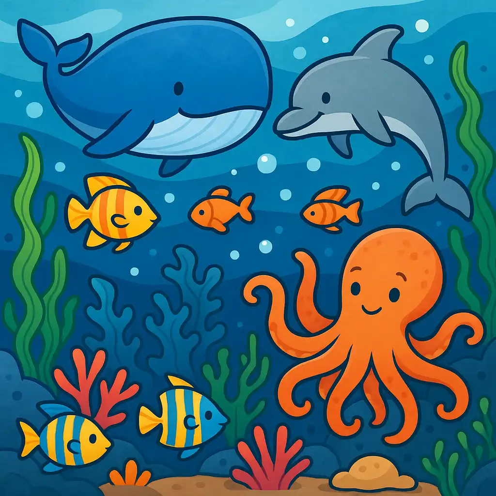 Pobierz PDF zwierzeta morskie delfin osmiornica wieloryb darmowa kolorowanka do druku