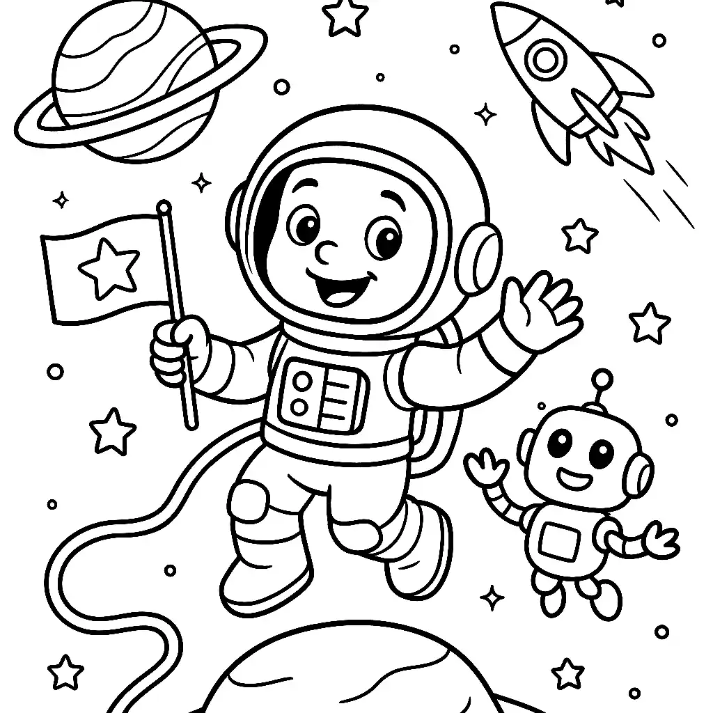 Pobierz PDF astronauta i robot w kosmosie darmowa kolorowanka do druku