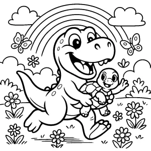 Pobierz PDF biegajacy t rex z zolwikiem na lesnej polanie darmowa kolorowanka do druku