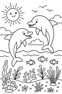 Kolorowanka do druku - Dwa skaczące delfiny na falach (PDF)