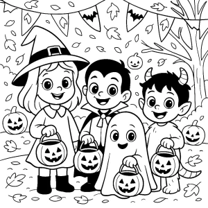 Dzieci przebrane na Halloween Kolorowanka do druku – Dzieci przebrane na Halloween (PDF)