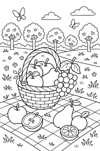 Kolorowanka do druku - Kosz owoców na pikniku (PDF)