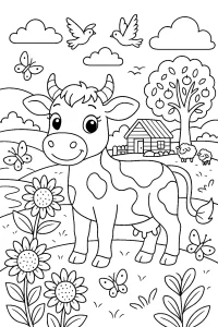 Kolorowanka do druku - Krowa na pastwisku ze słonecznikami (PDF)