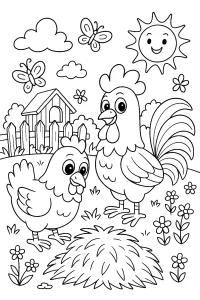 Kolorowanka do druku - Kura i kogut na podwórku (PDF)