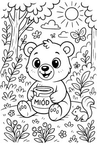 Kolorowanka do druku - Miś z miodem w lesie (PDF)