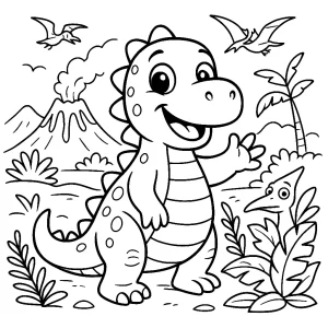 Pobierz PDF radosny dinozaur przy wulkanie darmowa kolorowanka do druku