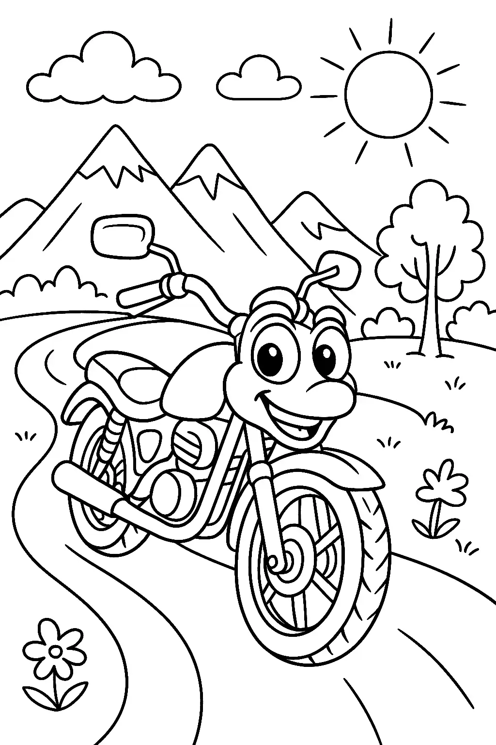Pobierz PDF radosny motocykl na gorskiej trasie darmowa kolorowanka do druku