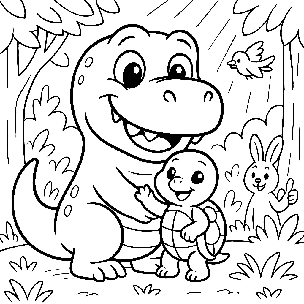 Pobierz PDF radosny t rex i szczesliwy zolwik w bajkowym lesie darmowa kolorowanka do druku
