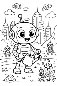Kolorowanka do druku - Robot podlewający kwiaty w futurystycznym mieście (PDF)