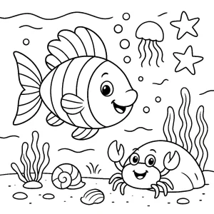 Kolorowanka do druku - Rybka i krab w oceanie (PDF)