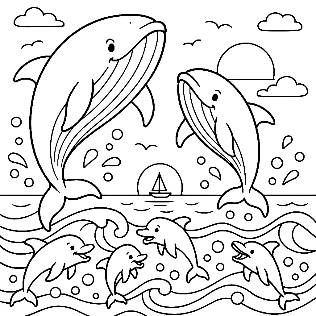 Pobierz PDF skaczace wieloryby nad falami oceanu darmowa kolorowanka do druku