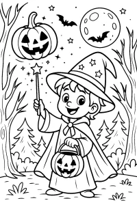 Pobierz PDF usmiechniety czarodziej z magia i swiecaca dynia darmowa kolorowanka do druku