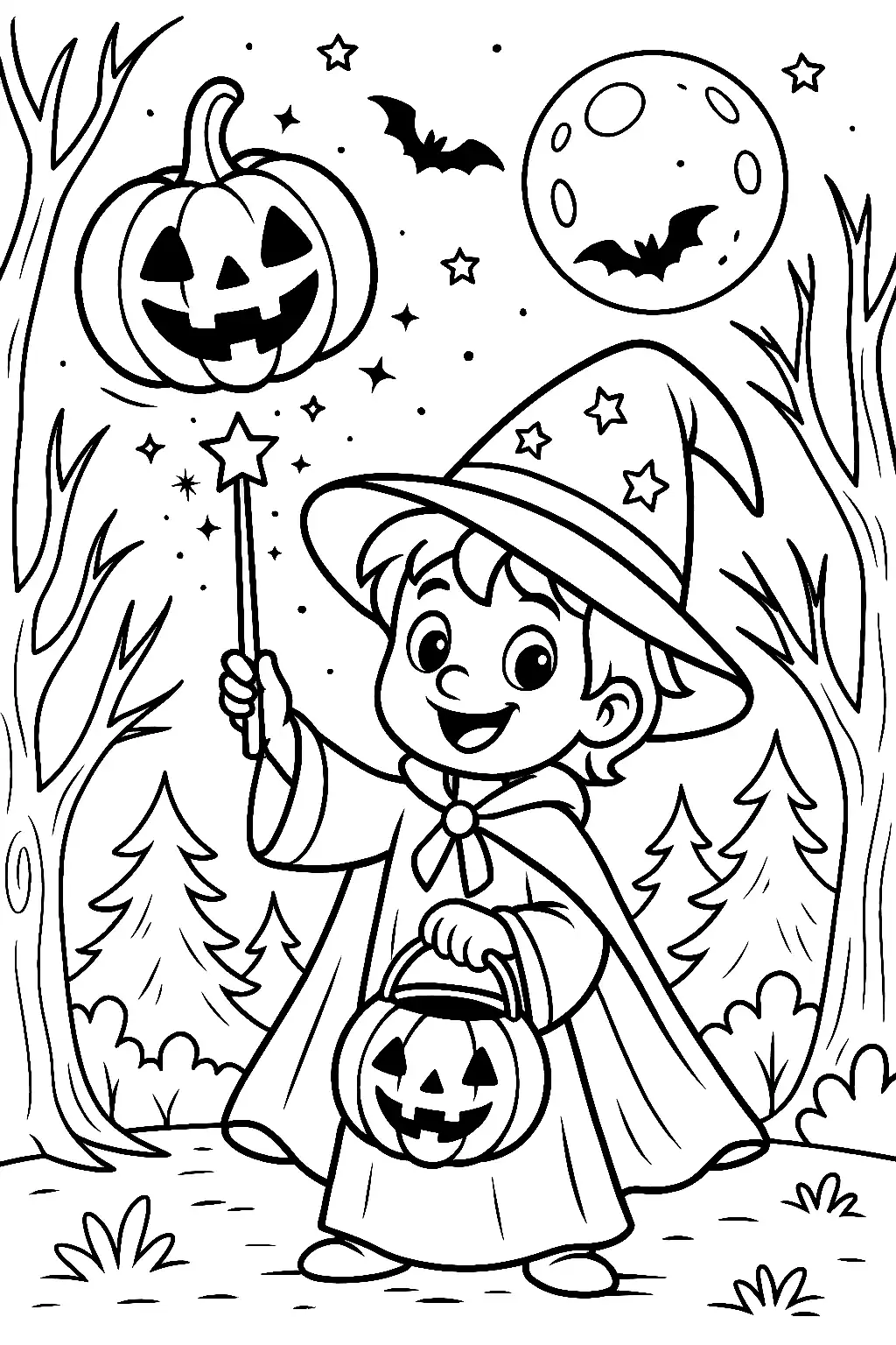 Pobierz PDF usmiechniety czarodziej z magia i swiecaca dynia darmowa kolorowanka do druku