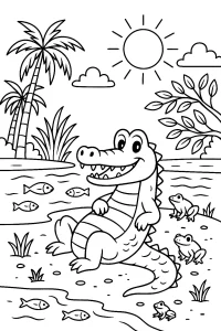 Kolorowanka do druku - Uśmiechnięty krokodyl na brzegu (PDF)
