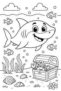 Kolorowanka do druku - Uśmiechnięty rekin i skarb na dnie oceanu (PDF)