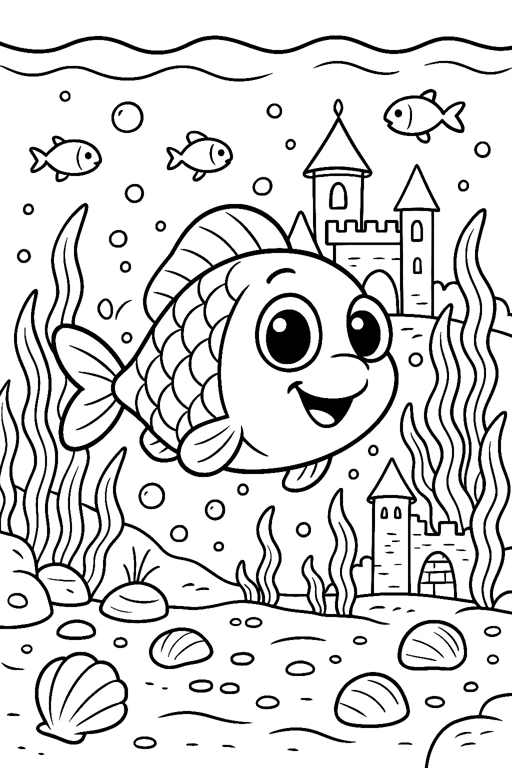 Pobierz PDF wesola rybka i podwodny zamek darmowa kolorowanka do druku