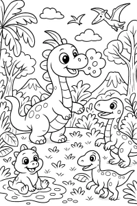 Kolorowanka do druku - Wesołe dinozaury w prehistorycznym lesie (PDF)
