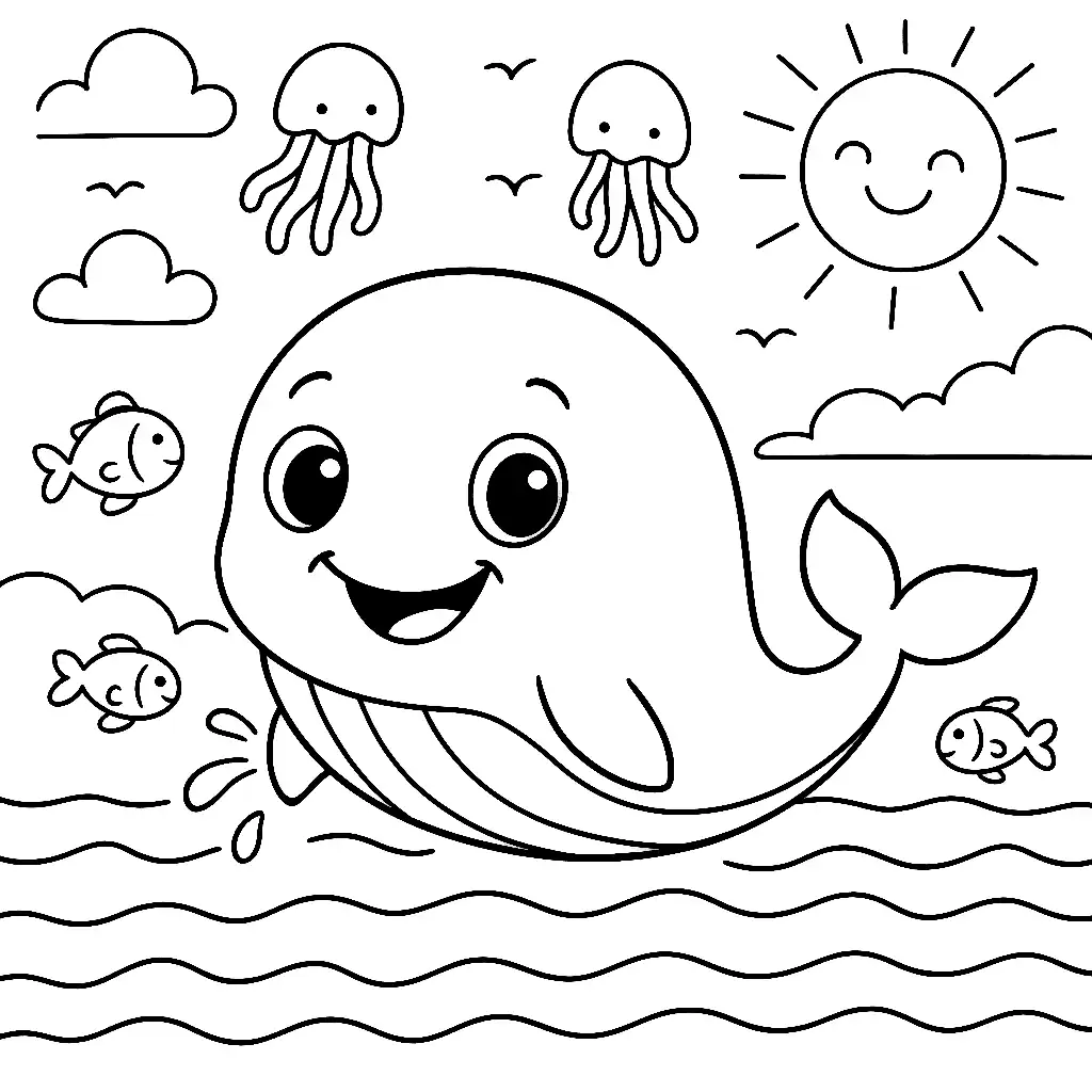 Pobierz PDF wesoly wieloryb na oceanie darmowa kolorowanka do druku