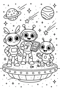 Kolorowanka do druku - Zabawne roboty na kosmicznej platformie (PDF)