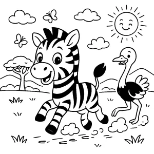 Pobierz PDF zebra galopujaca przez sawanne z strusiem darmowa kolorowanka do druku