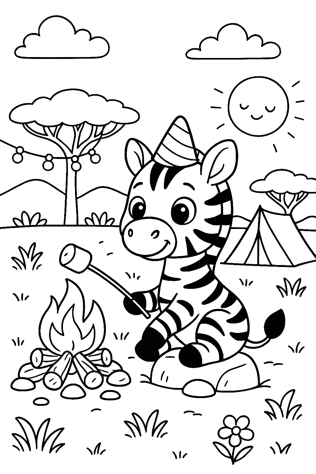 Pobierz PDF zebra przy ognisku z pianka darmowa kolorowanka do druku