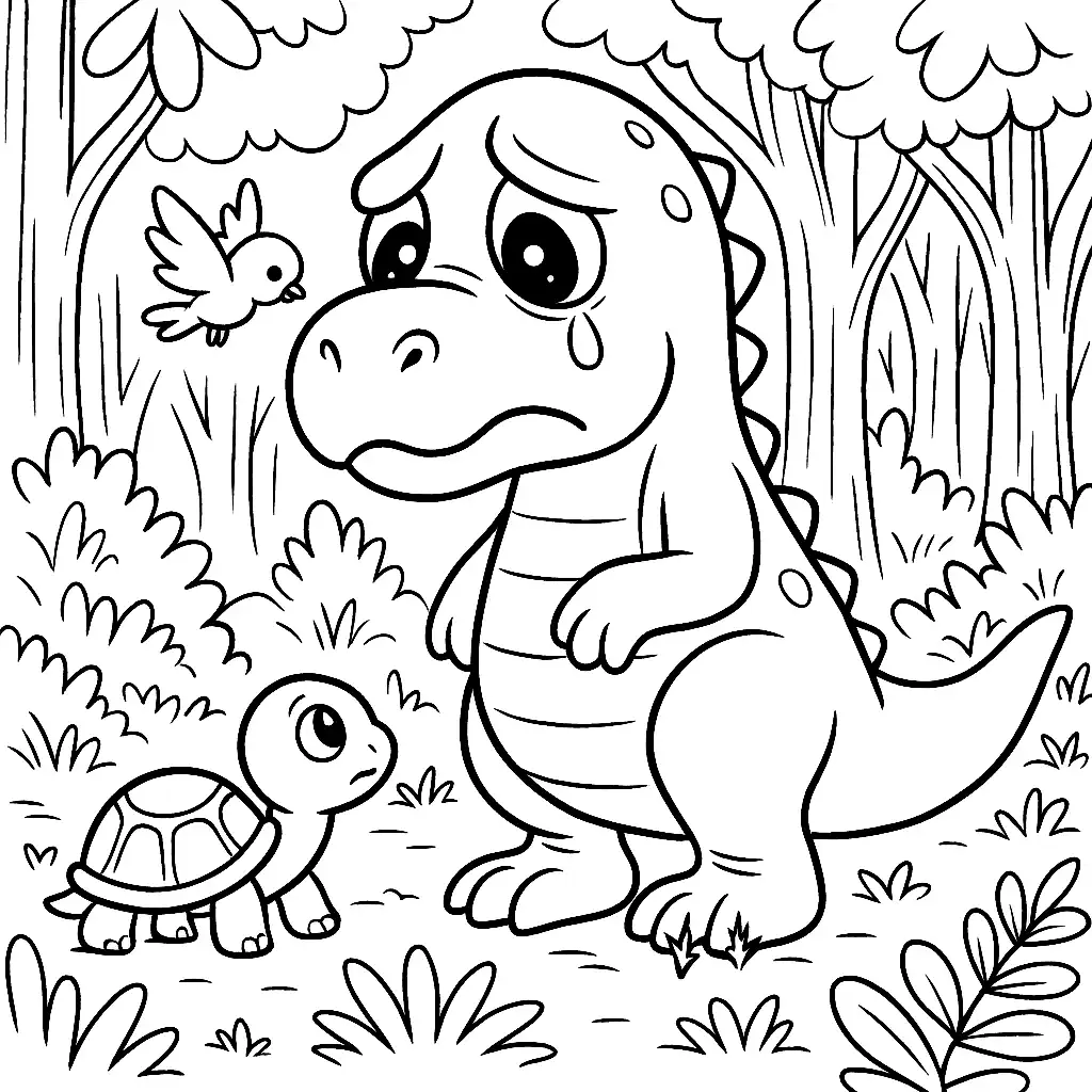 Pobierz PDF zraniony t rex i odwazny zolwik w lesie darmowa kolorowanka do druku