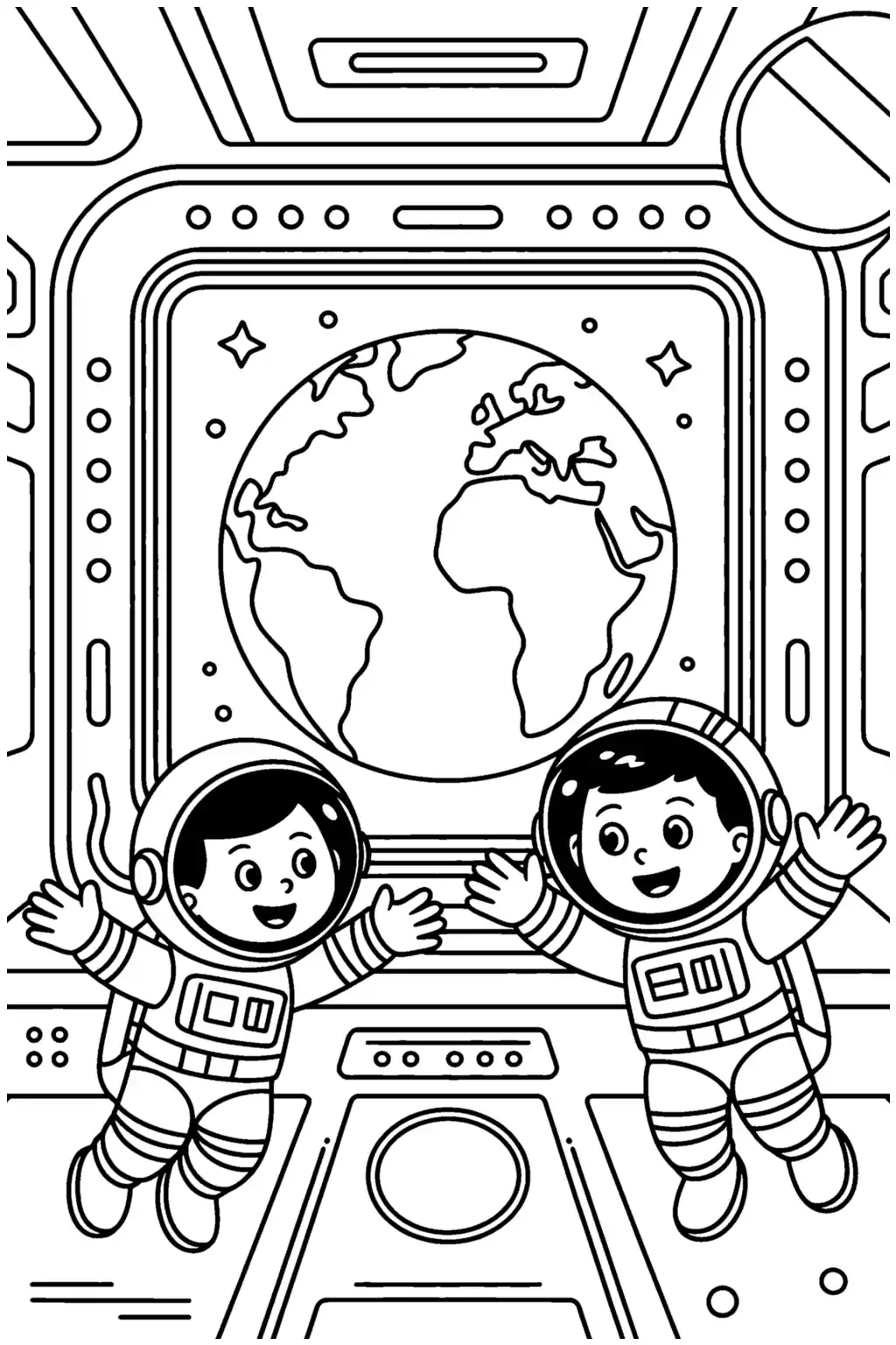 Pobierz PDF astronauci z widokiem na ziemie darmowa kolorowanka do druku