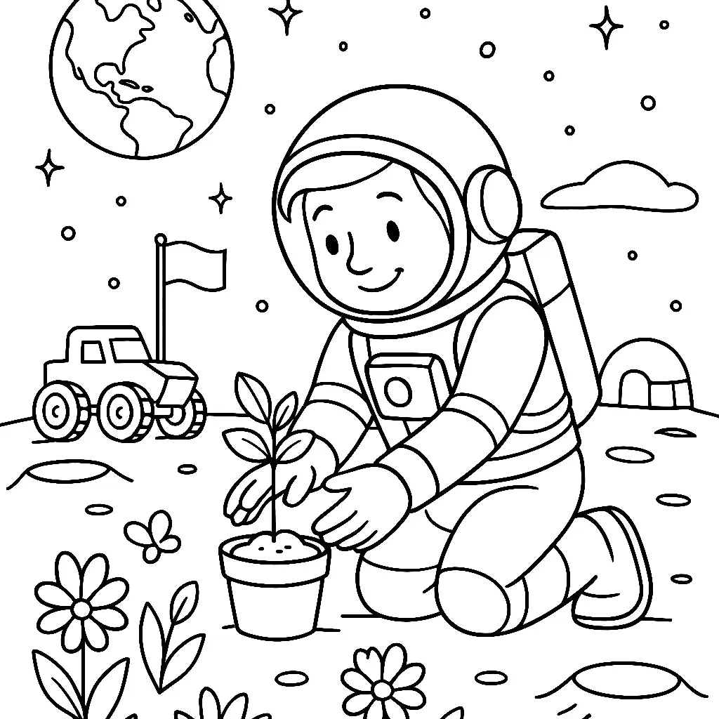 Pobierz PDF astronauta sadzi rosline na ksiezycu darmowa kolorowanka do druku
