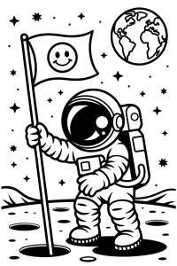 Kolorowanka do druku - Astronauta wbija flagę na księżycu (PDF)