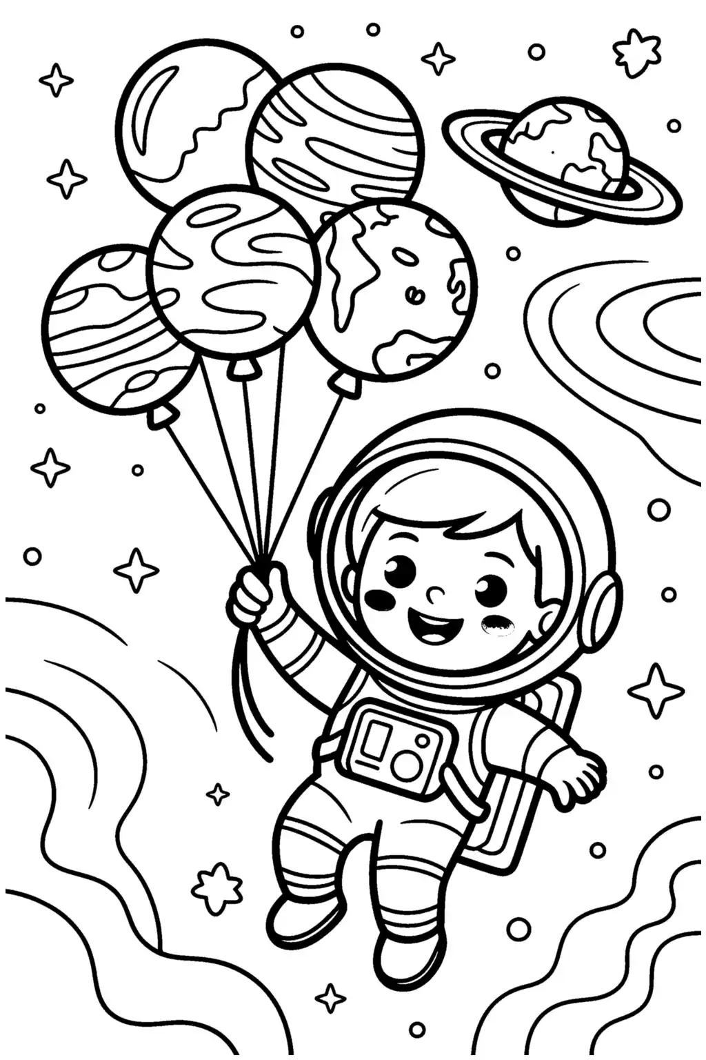 Pobierz PDF astronauta z balonami planetami darmowa kolorowanka do druku