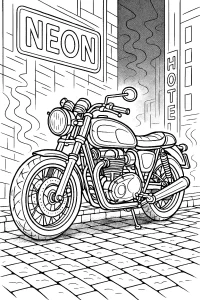 Kolorowanka do druku - Cafe-racer nocą przy neonowym murku (PDF)