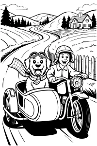 Kolorowanka do druku - Chłopiec i pies w wózku motocyklowym (PDF)