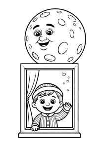 Kolorowanka do druku - Chłopiec macha księżycowi z okna (PDF)