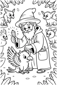 Kolorowanka do druku - Czarodziej opiekuje się gryfami (PDF)
