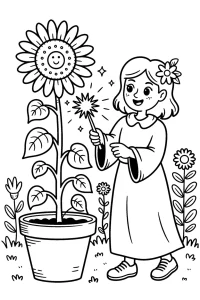 Kolorowanka do druku - Czarodziejka ożywia słonecznik magią (PDF)