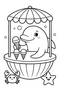 Kolorowanka do druku - Delfin sprzedaje lody na plaży (PDF)