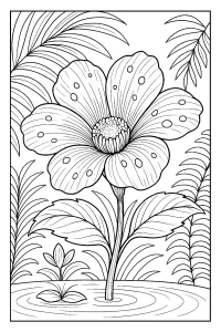 Kolorowanka do druku - Egzotyczny kwiat w ogrodzie botanicznym (PDF)