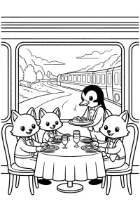 Kolorowanka do druku - Elegancka restauracja w pociągu (PDF)